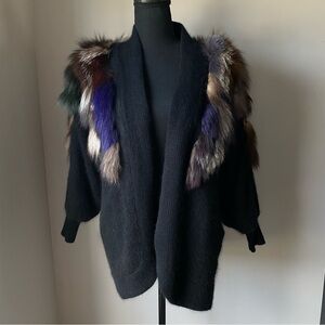 La Mittini Women's small angora Black cardigan Sweater with Multicolor Fur